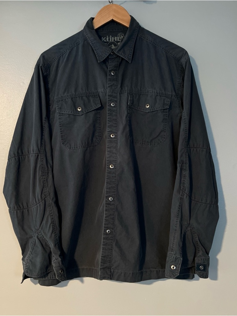KUHL Men’s Large Navy Blue Long Sleeve Button Down Shirt Cotton Blend Skater Y2K